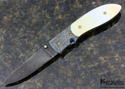 Johnny Stout Custom Knife Devin Thomas "Roses & Vines" & Robert Eggerling Damascus and Gold Lip Pearl Linerlock