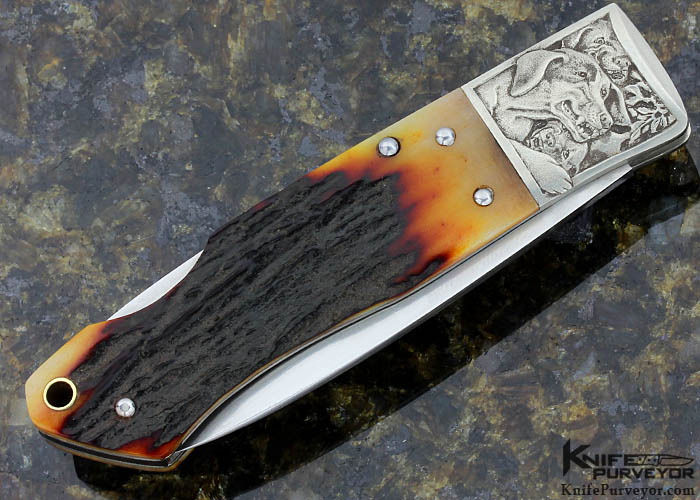 Jess Horn Custom Knife Premium Stag Lockback Engraved Nickel Silver Bolsters by Jon Robyn - Image 2