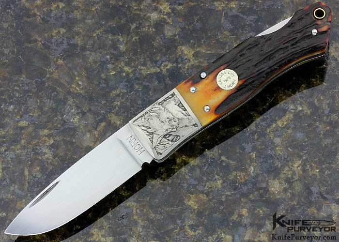 Jess Horn Custom Knife Premium Stag Lockback Engraved Nickel Silver Bolsters by Jon Robyn