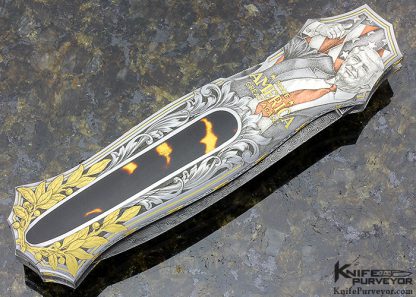 Joe Kious Custom Knife "Make America Great Again" Engraved by Jon Robyn Amber and Damascus Double Pocket Locket Auto with 14Kt Gold Plates - Image 3