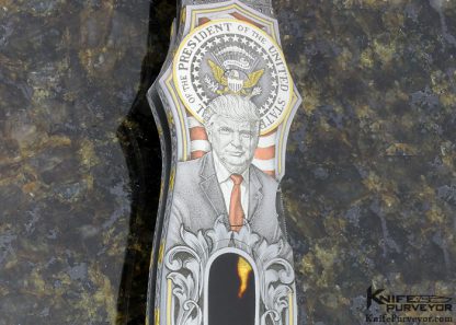 Joe Kious Custom Knife "Make America Great Again" Engraved by Jon Robyn Amber and Damascus Double Pocket Locket Auto with 14Kt Gold Plates - Image 9