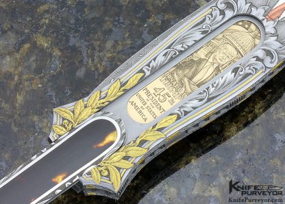 Joe Kious Custom Knife "Make America Great Again" Engraved by Jon Robyn Amber and Damascus Double Pocket Locket Auto with 14Kt Gold Plates - Image 6