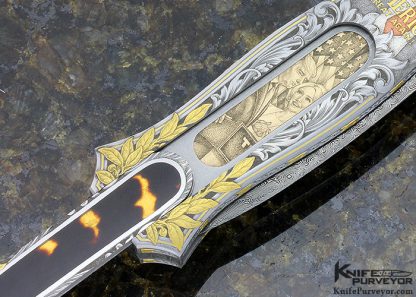 Joe Kious Custom Knife "Make America Great Again" Engraved by Jon Robyn Amber and Damascus Double Pocket Locket Auto with 14Kt Gold Plates - Image 7