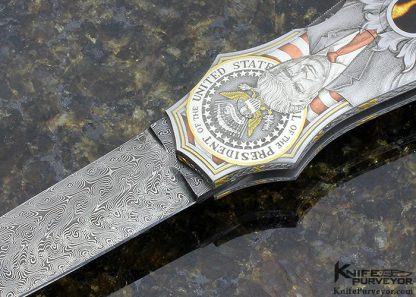 Joe Kious Custom Knife "Make America Great Again" Engraved by Jon Robyn Amber and Damascus Double Pocket Locket Auto with 14Kt Gold Plates - Image 2