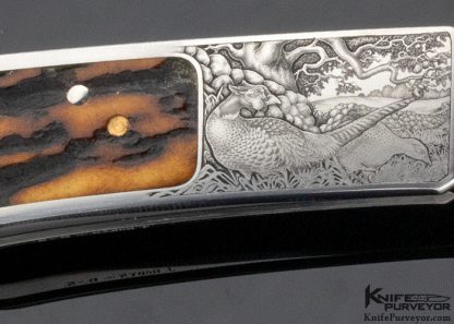 Ron Lake Custom Knife "Barrett Smythe" Amber Stag Interframe Tail Lock Engraved by Jon Robyn - Image 6
