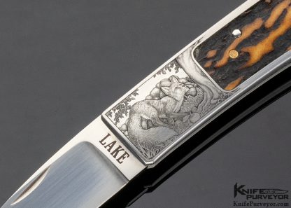 Ron Lake Custom Knife "Barrett Smythe" Amber Stag Interframe Tail Lock Engraved by Jon Robyn - Image 2