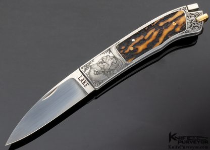 Ron Lake Custom Knife "Barrett Smythe" Amber Stag Interframe Tail Lock Engraved by Jon Robyn 7806 Open
