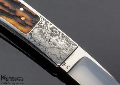 Ron Lake Custom Knife "Barrett Smythe" Amber Stag Interframe Tail Lock Engraved by Jon Robyn - Image 5