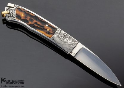 Ron Lake Custom Knife "Barrett Smythe" Amber Stag Interframe Tail Lock Engraved by Jon Robyn - Image 4