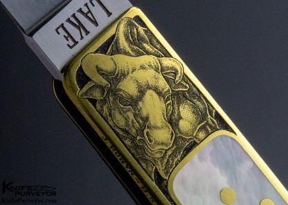 Ron Lake Custom Knife 18Kt Gold Watch Pocket Tail Lock Engraved by Jon Robyn with "Bull and Bear" Stock Market Motif - Image 6