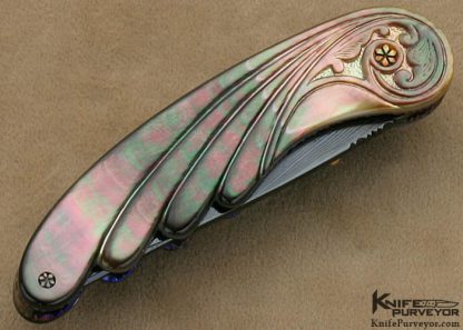 Joseph Szilaski Custom Knife Blued Sole Authorship Damascus Mastersmith Carved Black Lip Tahitian Pearl "Angel Wing" Linerlock - Image 3
