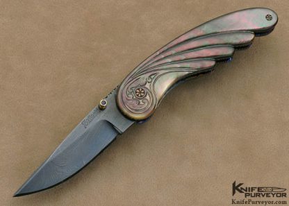 Joseph Szilaski Custom Knife Blued Sole Authorship Damascus Mastersmith Carved Black Lip Tahitian Pearl "Angel Wing" Linerlock