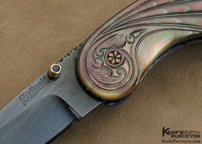 Joseph Szilaski Custom Knife Blued Sole Authorship Damascus Mastersmith Carved Black Lip Tahitian Pearl "Angel Wing" Linerlock - Image 2