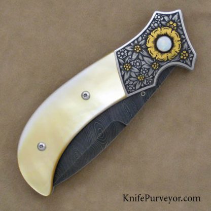 Jot Singh Khalsa Custom Knife David Pardue Engraved Goldlip Pearl Linerlock - Image 3