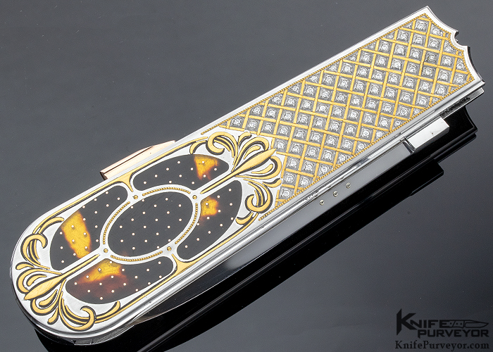 Antonio Fogarizzu Custom Knife 3.5 CTW Diamond Encrusted Piqued Exotic Material Interframe Lockback Dagger Engraved by Julie Warenski - Image 3