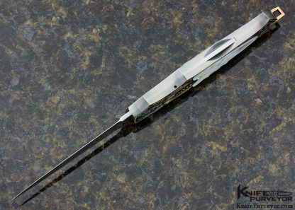 Warren Osborne Custom Knife Carved Mother of Pearl Over Black Lip Tahitian Pearl Automatic Lockback Dagger Engraved by Julie Warenski - Image 4