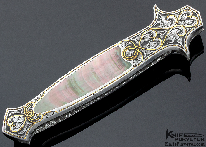 Julie Warenski Engraved Warren Osborne Custom Knife Damascus & Black Lip Pearl Interframe Automatic Lockback Dagger - Image 6