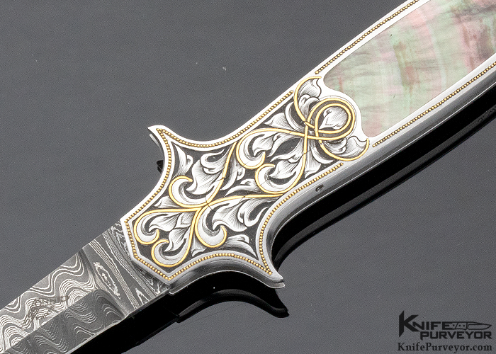 Julie Warenski Engraved Warren Osborne Custom Knife Damascus & Black Lip Pearl Interframe Automatic Lockback Dagger - Image 2