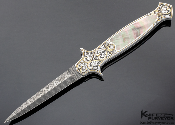 Julie Warenski Engraved Warren Osborne Custom Knife Damascus & Black Lip Pearl Interframe Automatic Lockback Dagger