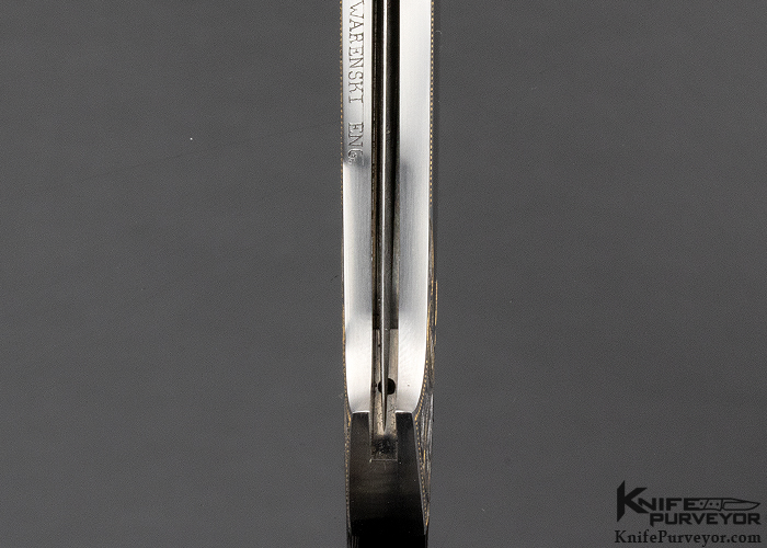 Julie Warenski Engraved Warren Osborne Custom Knife Damascus & Black Lip Pearl Interframe Automatic Lockback Dagger - Image 5