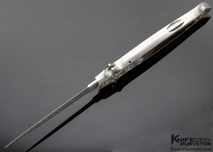 Julie Warenski Engraved Warren Osborne Custom Knife Damascus & Black Lip Pearl Interframe Automatic Lockback Dagger - Image 3