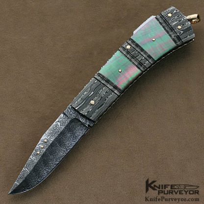 Kaj Embretsen Custom Knives Sole Authorship Damascus Triple Bolstered Damascus & Blacklip Tahitian Pearl Shell Lockback