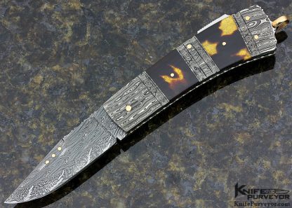 Kaj Embretsen Custom Knife Sole Authorship Damascus & Amber Triple Bolstered Lockback Folder 12070