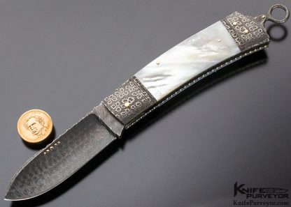 Kaj Embretsen Custom Knife Jumbo Mother of Pearl Shell, Mosaic Damascus and Turkish Twist Damascus Bale Lock