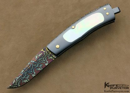 Kaj Embretsen Custom Knife South Sea Gold Lip Pearl Shell Interframe Blued Sole Authorship Damascus Lockback Folder