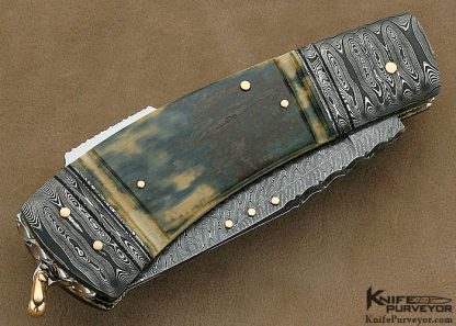 Kaj Embretsen Custom Knife Sole Authorship Damascus Double Bladed Lockback with 14Kt Gold Pins and Bale - Image 4