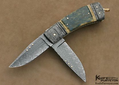 Kaj Embretsen Custom Knife Sole Authorship Damascus Double Bladed Lockback with 14Kt Gold Pins and Bale