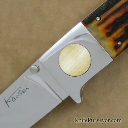 Kansei Matsuno Custom Knife Amber Stag Large Drop Point Folding Hunter - Image 2