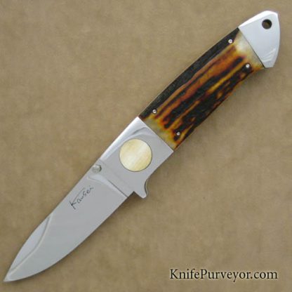 Kansei Matsuno Custom Knife Amber Stag Large Drop Point Folding Hunter