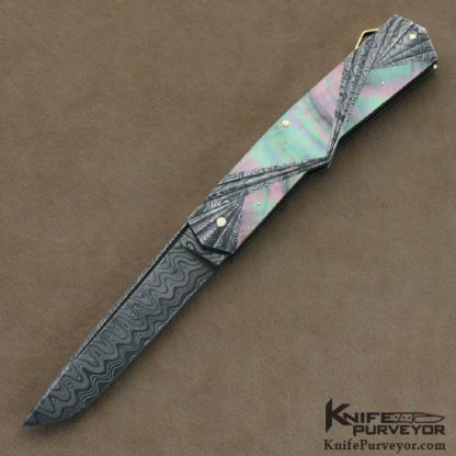 Ken Steigerwalt Custom Knives Tahitian Blacklip Pearl & Carved Devin Thomas Damascus Art Deco Lockback