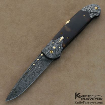 Ken Steigerwalt Custom Knives #1 Antique Tortoise Shell and Carved Devin Thomas Damascus Automatic Lockback
