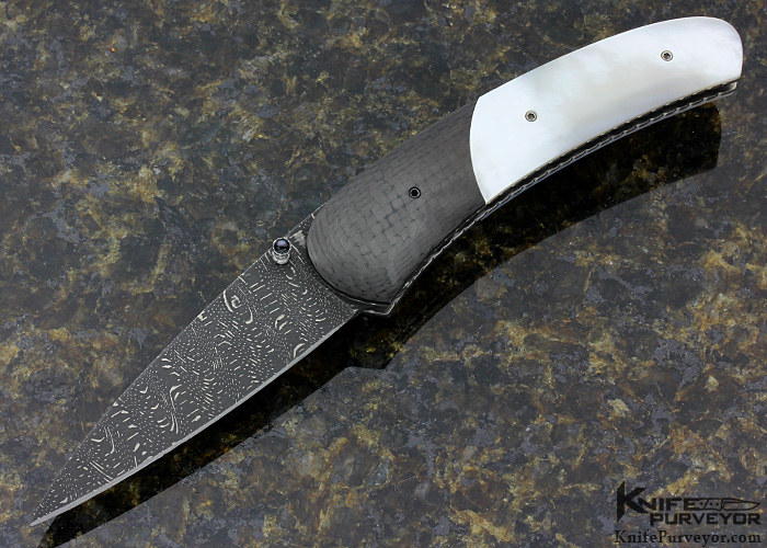 Kelly Carlson Custom Knife "Hawk" Assisted Opening Damascus, Mother of Pearl & Carbon Fiber Assisted Opening Linerlock