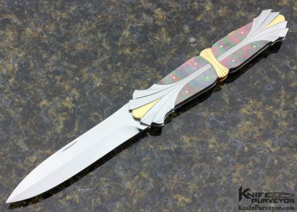Ken Steigerwalt Custom Knives Fluted 416 Stainless Steel with 18K Gold and Black Lip Tahitian Pearl Shell Lockback Art Dagger