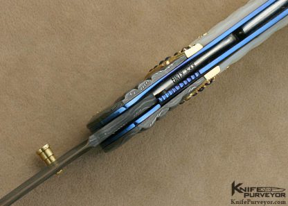 Kenneth Kings Custom Knife Classic Mother of Pearl Linerlock with Mike Norris Stainless Steel Damascus and 1.28 Carats of Diamonds and 1.65 Carats of Sapphires - Image 7