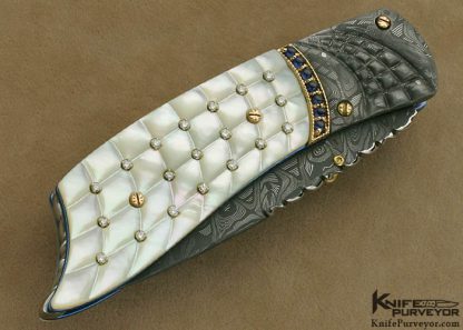 Kenneth Kings Custom Knife Classic Mother of Pearl Linerlock with Mike Norris Stainless Steel Damascus and 1.28 Carats of Diamonds and 1.65 Carats of Sapphires - Image 3
