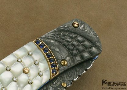 Kenneth Kings Custom Knife Classic Mother of Pearl Linerlock with Mike Norris Stainless Steel Damascus and 1.28 Carats of Diamonds and 1.65 Carats of Sapphires - Image 4