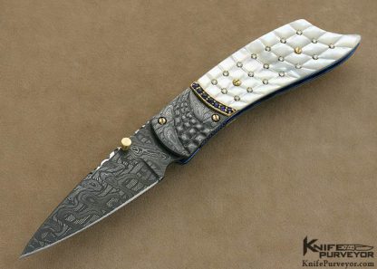 Kenneth Kings Custom Knife Classic Mother of Pearl Linerlock with Mike Norris Stainless Steel Damascus and 1.28 Carats of Diamonds and 1.65 Carats of Sapphires