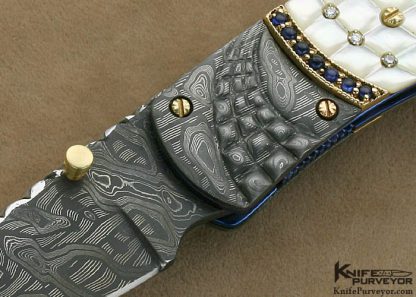 Kenneth Kings Custom Knife Classic Mother of Pearl Linerlock with Mike Norris Stainless Steel Damascus and 1.28 Carats of Diamonds and 1.65 Carats of Sapphires - Image 2