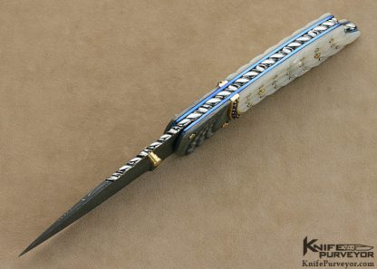 Kenneth Kings Custom Knife Classic Mother of Pearl Linerlock with Mike Norris Stainless Steel Damascus and 1.28 Carats of Diamonds and 1.65 Carats of Sapphires - Image 5