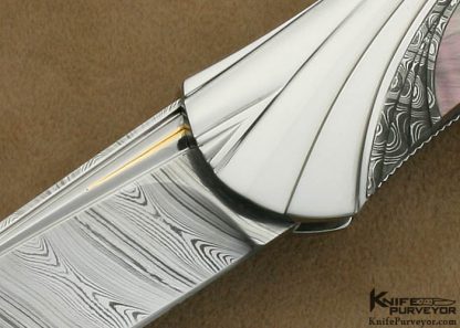 Ken Steigerwalt Custom Knife Fluted Stainless Steel and Damascus with Black Lip Tahitian Pearl Shell Lockback - Image 2