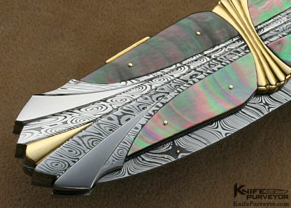 Ken Steigerwalt Custom Knives Fluted Damasteel Damascus with 18Kt Gold and Blacklip Tahitian Pearl Shell Lockback Art Dagger - Image 4