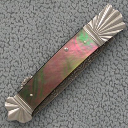 Ken Steigerwalt Custom Knife Blacklip Pearl Lockback with Fluted Bolsters and Damascus - Image 2