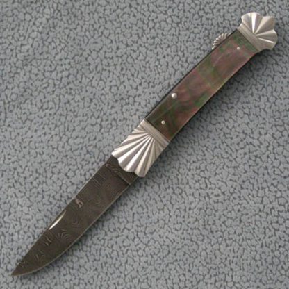 Ken Steigerwalt Custom Knife Blacklip Pearl Lockback with Fluted Bolsters and Damascus
