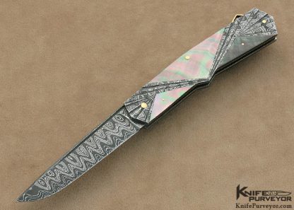 Ken Steigerwalt Custom Knife Black Lip Tahitian Pearl Shell & Carved Damascus Art Deco Lock Back Folder