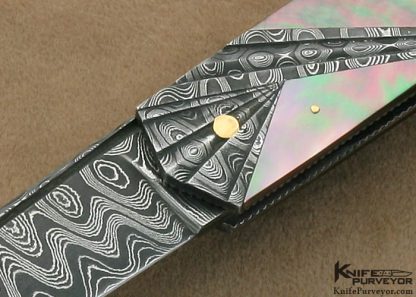 Ken Steigerwalt Custom Knife Black Lip Tahitian Pearl Shell & Carved Damascus Art Deco Lock Back Folder - Image 2