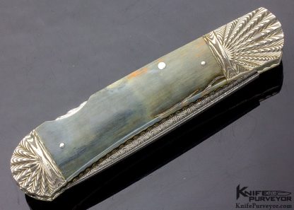 Ken Steigerwalt Custom Knife Blue Mammoth and Fluted Damascus Lockback - Image 3